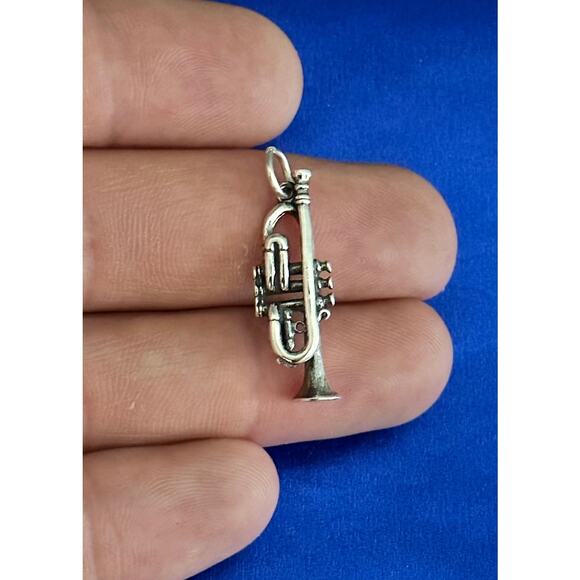 Sterling Silver 3D Trumpet Charm, Silver 3D Trumpet Pendant - Picture 1 of 5